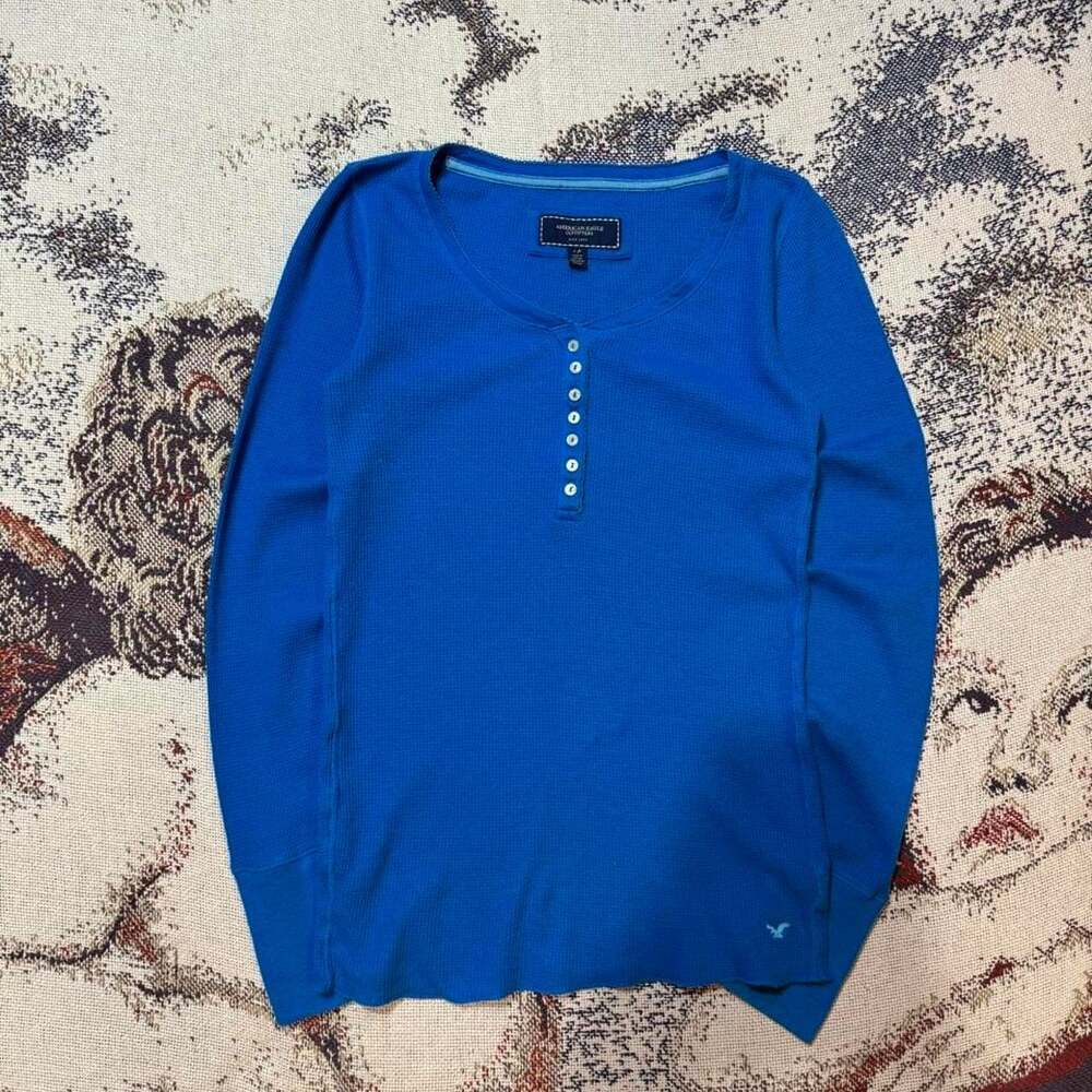 American Eagle Outfitters Blue Waffle Knit Henley Long Sleeve Shirt
